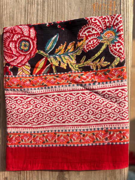 Aurobelle Ibiza Black Flower Heaven sarong, black and ivory hand block print with soft border