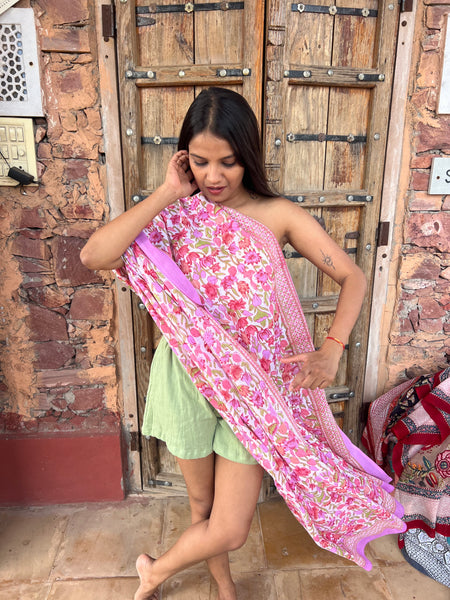 Sarong   , Pareo  , cotton shawl and beach Deluxe Block print collection,fluro flower garden -  AUROBELLE  IBIZA