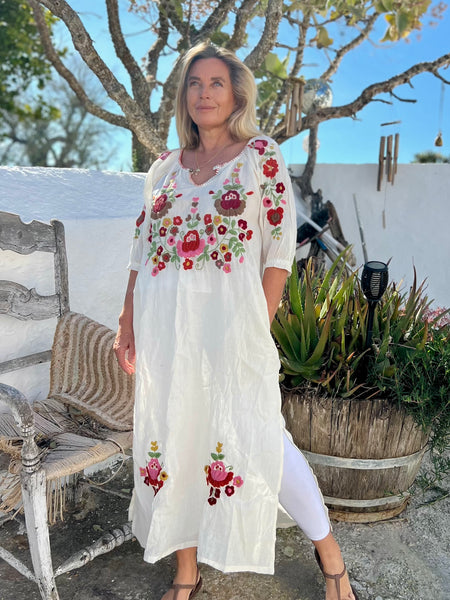Salu dress with hand embroidery -white with color embroidery