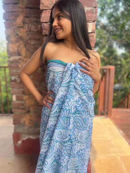 Sarong   , Pareo  , cotton shawl and beach Deluxe Block print collection,green and blue love -  AUROBELLE  IBIZA