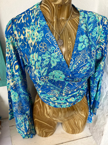 Bohemian  Wrap Top Print – Spiritual Festival Crop Blouse hippie wrap blouse Silky Blue gold -  AUROBELLE  IBIZA