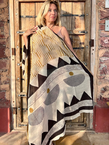 Sarong  Pareo  collection big size with golden zari border No 10 Yellow Art -  AUROBELLE  IBIZA