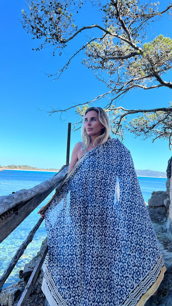 Big size Sarong ,Hand Block Printed Extra Large Sarong | Organic Cotton Muslin | Natural Bagru Print with Golden Blue flower -  AUROBELLE  IBIZA