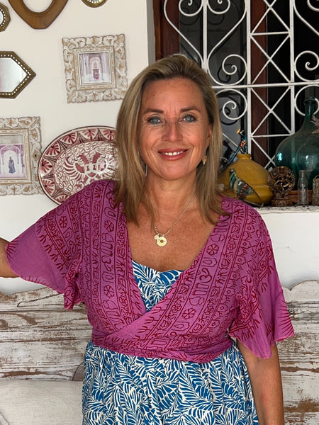 Bohemian  Wrap Top with Om Print – Spiritual Festival Crop Blouse hippie wrap blouse short arm