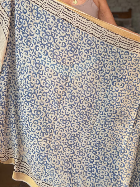 Sarong  Pareo  collection big size with golden zari border No 6A Blue Flower -  AUROBELLE  IBIZA