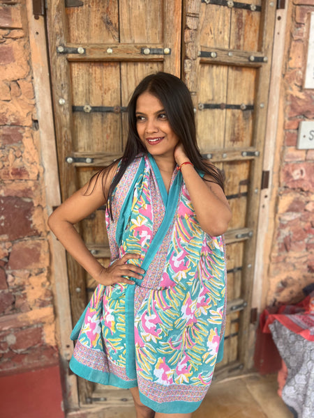 Sarong   , Pareo  , cotton shawl and beach Deluxe Block print collection,emerald  beach 🌸 -  AUROBELLE  IBIZA