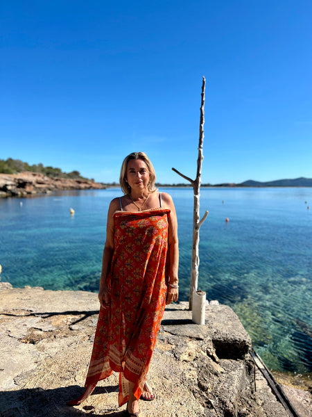 Sarong   , Pareo  , cotton shawl and beach Deluxe Block print collection, orange pink 🪷 -  AUROBELLE  IBIZA