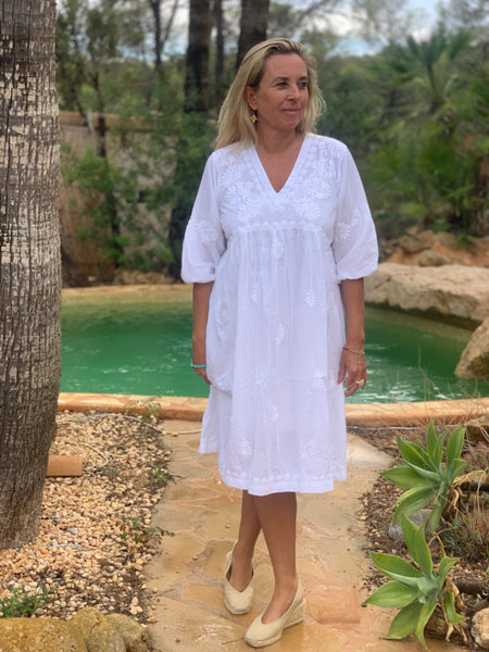 Rosie boho dress white with hand embroidery