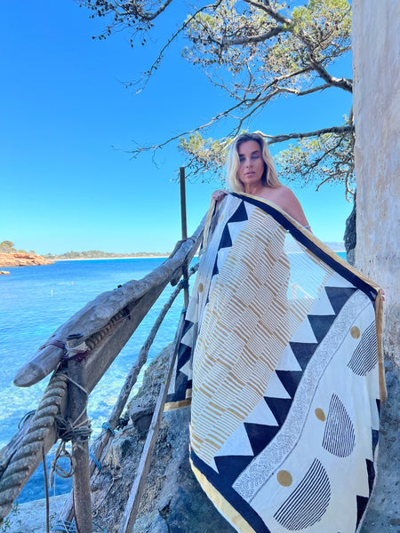 Big size Sarong ,Hand Block Printed Extra Large Sarong | Organic Cotton Muslin | Natural Bagru Print with Golden Modern Art  🌺 -  AUROBELLE  IBIZA