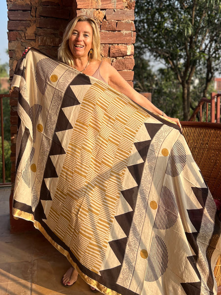 Sarong  Pareo  collection big size with golden zari border No 10 Yellow Art -  AUROBELLE  IBIZA