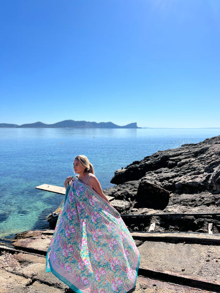Sarong   , Pareo  , cotton shawl and beach Deluxe Block print collection, formentera turquoises🪷 -  AUROBELLE  IBIZA