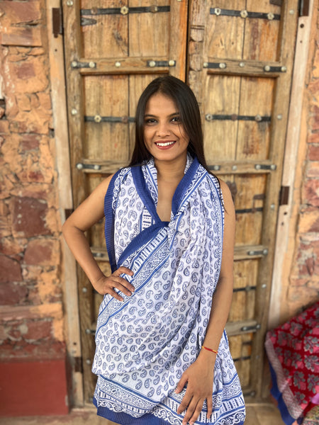 Sarong   , Pareo  , cotton shawl and beach Deluxe Block print collection,Ibiza blue and white  💙 -  AUROBELLE  IBIZA