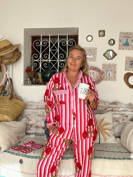 Pyjama   cozy lounge wear made with hand block print cotton- Pink Poppie stripes