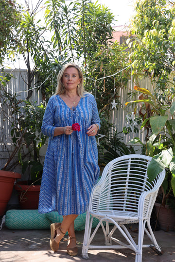 Combination dress- Boho beautiful ethnic block print dress indigo blue AUROBELLE IBIZA Combination dress- Boho beautiful ethnic block print dress indigo blue AUROBELLE IBIZA