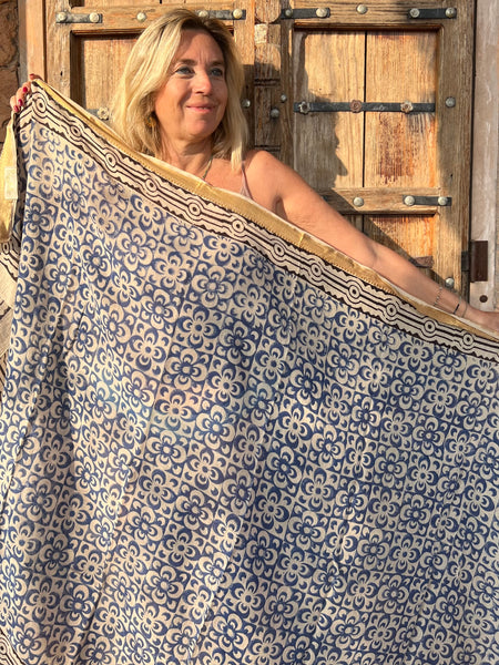 Sarong  Pareo  collection big size with golden zari border No 6A Blue Flower -  AUROBELLE  IBIZA