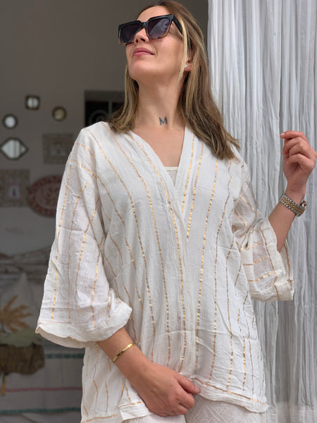 Ibiza boho short kimono 👘 in white with gold lurex
