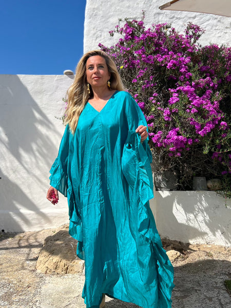 Exclusive luxury 100% organic Silk kaftan - free size in Emerald green