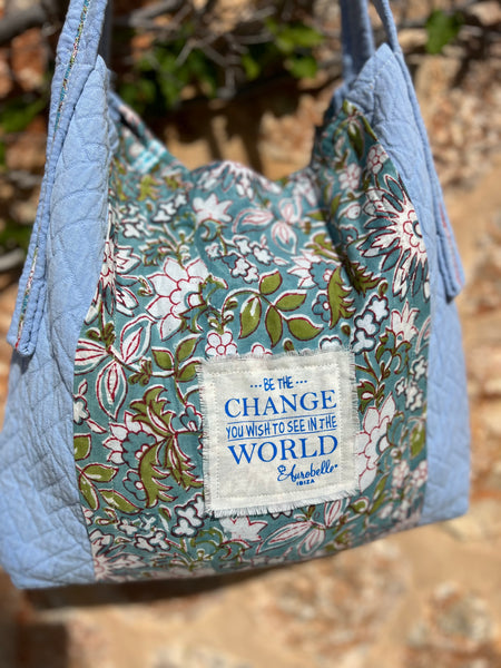 One-of-a-Kind Ibiza Patchwork Bag- be the change you want to see - green flower -  AUROBELLE  IBIZA