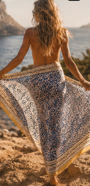 Aurobelle Ibiza indigo blue flower sarong draped as a wrap