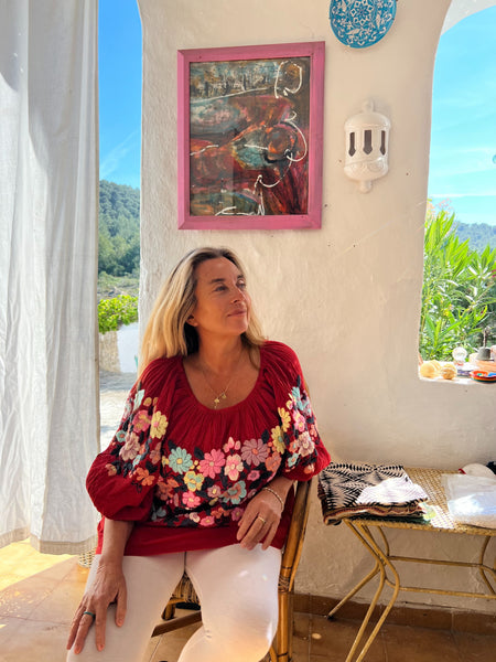 Salu Cotton Embroidered Blouse – Red multi -  AUROBELLE  IBIZA