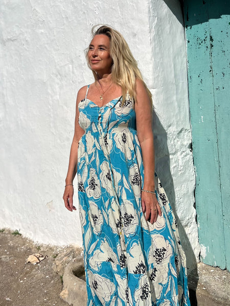 Annie Dress turquoise flower -  AUROBELLE  IBIZA