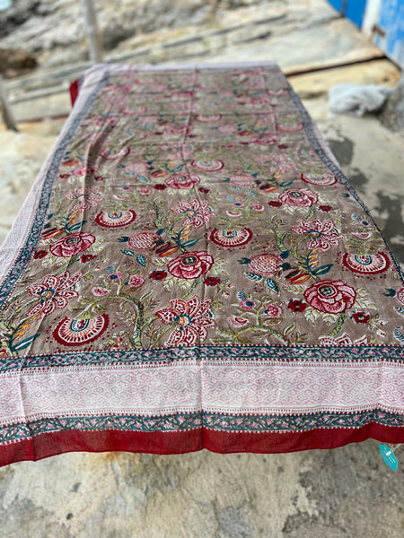 Sarong   , Pareo  , cotton shawl and beach Deluxe Block print collection, beige red flower print -  AUROBELLE  IBIZA