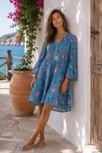 Ananda   , hope blissful pleated  boho tunica blouse, kurta , ibiza tunica, block printed organic cotton blouse