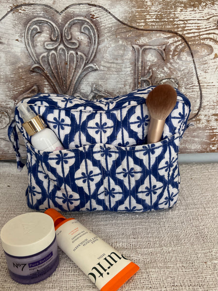 Aurobelle Hand Blockprint Cosmetic Bag – Large Travel Beauty Organizer4 pockets , blue geo -  AUROBELLE  IBIZA