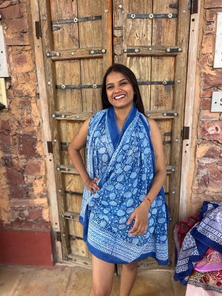 Sarong   , Pareo  , cotton shawl and beach Deluxe Block print collection,Ibiza Sky blue 💙 -  AUROBELLE  IBIZA