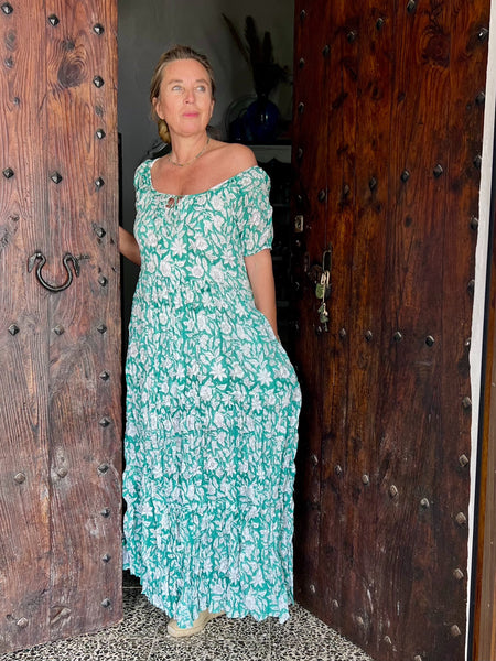 Ishi Daughter Dress – Hand Block Printed Boho Maxi emerald green