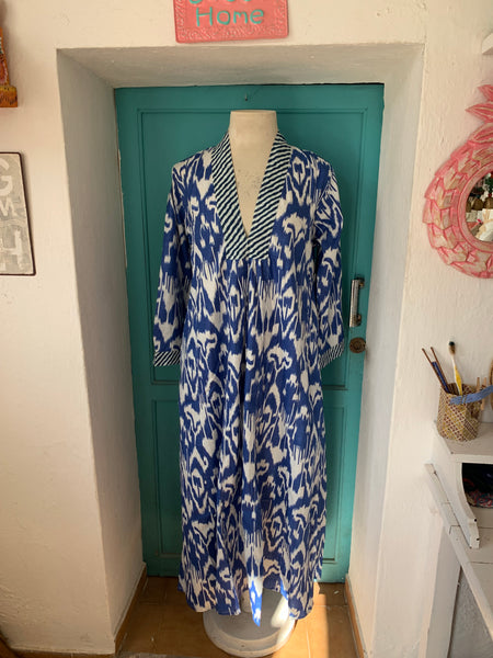 Ikat indigo blue    and white , boho beautiful long Tunica