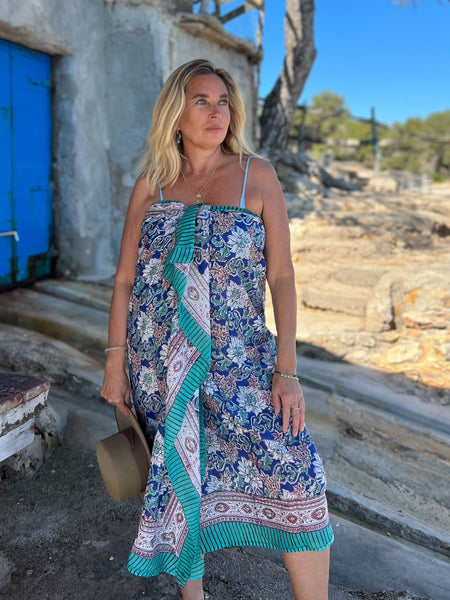 Sarong   , Pareo  , cotton shawl and beach Deluxe Block print collection, blue turquoises flower  🪷 -  AUROBELLE  IBIZA