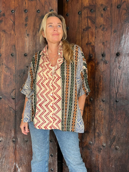 Free size boho stripe ethnic blouse red  zick zack