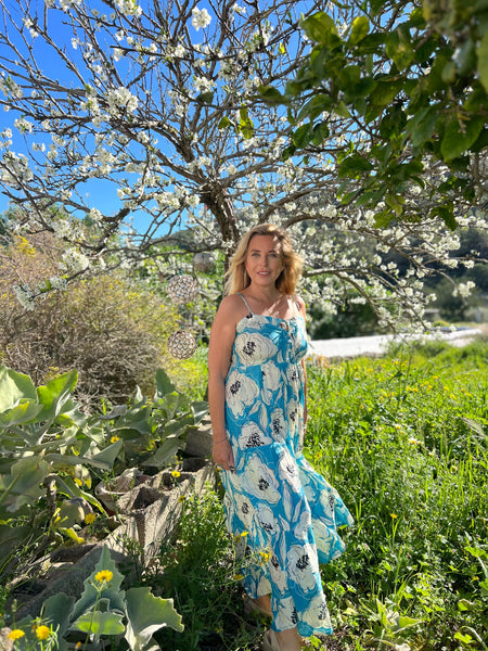 Annie Dress turquoise flower -  AUROBELLE  IBIZA