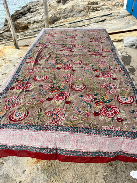 Sarong   , Pareo  , cotton shawl and beach Deluxe Block print collection, beige red flower print -  AUROBELLE  IBIZA