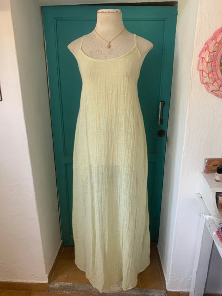 Basic dress plain linen ,  long  dress light yellow