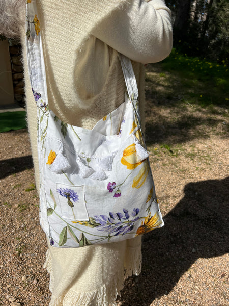 One-of-a-Kind Ibiza Patchwork Bag- white flower spring -  AUROBELLE  IBIZA