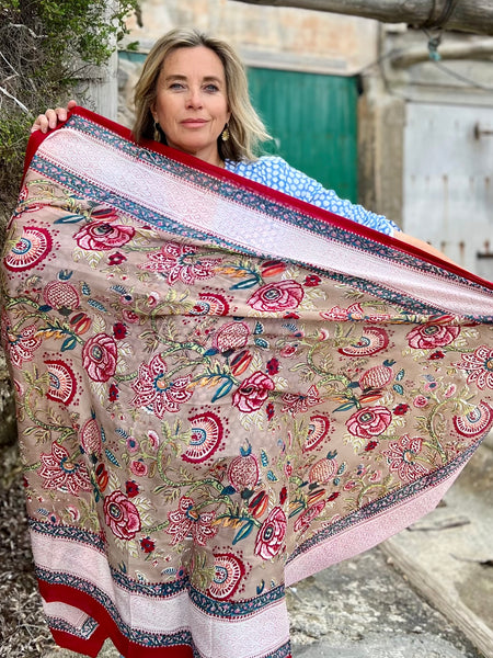 Sarong   , Pareo  , cotton shawl and beach Deluxe Block print collection, beige red flower print -  AUROBELLE  IBIZA