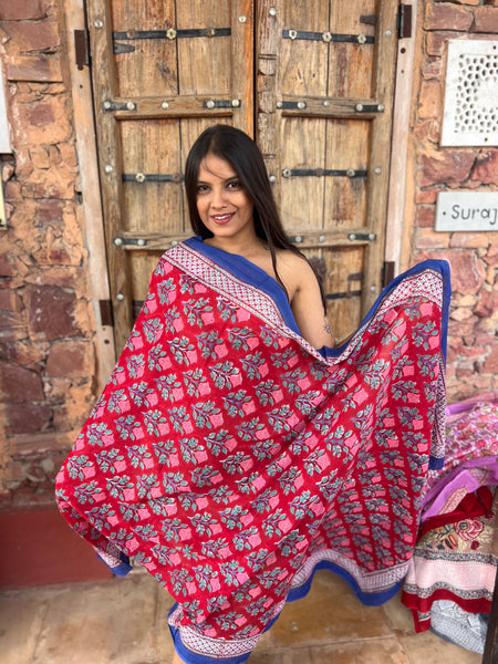 Sarong   , Pareo  , cotton shawl and beach Deluxe Block print collection,Ibiza pink /red Roses 🌹 -  AUROBELLE  IBIZA