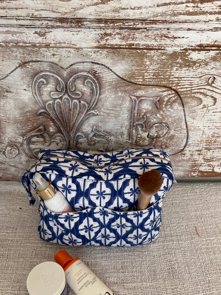 Aurobelle Hand Blockprint Cosmetic Bag – Large Travel Beauty Organizer4 pockets , blue geo -  AUROBELLE  IBIZA