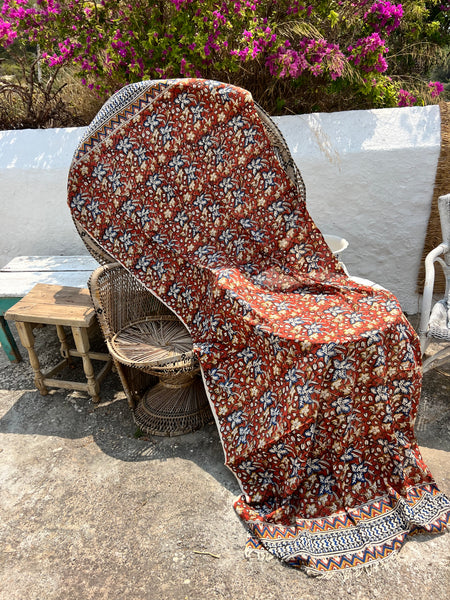 Hand made Block print red flower mix ethic big size with    fringes