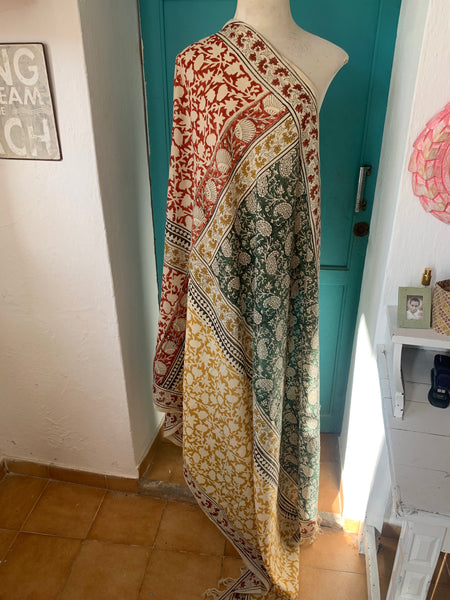 Big size Bagru Sarong  , dupatta - Pareo  -green flower /block print cotton shawl  Red flower new collection