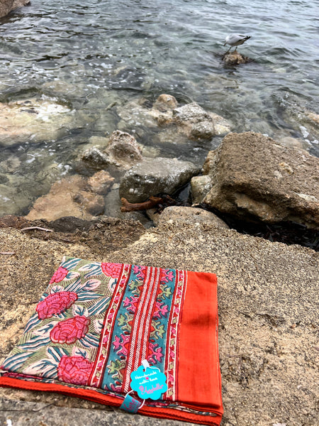 Sarong   , Pareo  , cotton shawl and beach Deluxe Block print collection, orange green 🪷 -  AUROBELLE  IBIZA