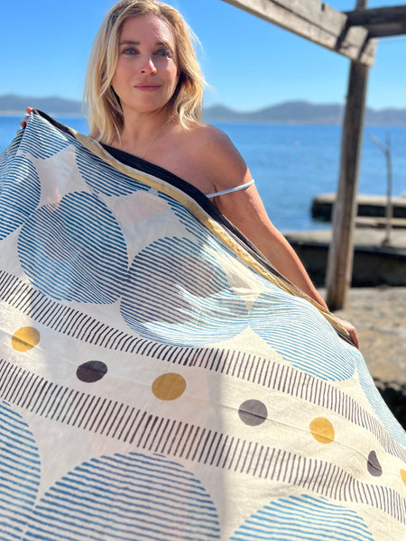 Big size Sarong ,Hand Block Printed Extra Large Sarong | Organic Cotton Muslin | Natural Bagru Print with Golden Sari Blue big circle -  AUROBELLE  IBIZA