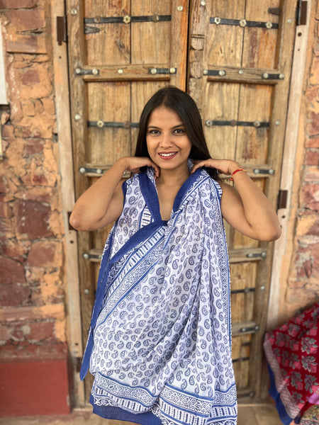 Sarong   , Pareo  , cotton shawl and beach Deluxe Block print collection,Ibiza blue and white  💙 -  AUROBELLE  IBIZA