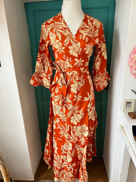 Wrap dress  orange flower power woman for over 50 -  AUROBELLE  IBIZA