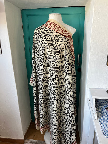 Aurobelle Ibiza golden ochre Bagru print sarong, silver border detail