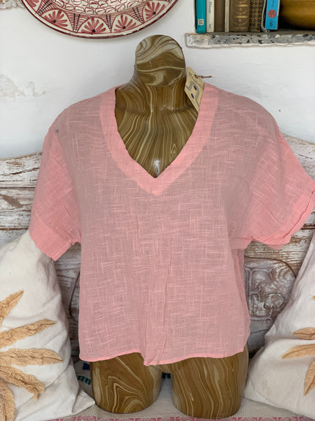 Linen V neck shirt blouse Rosa