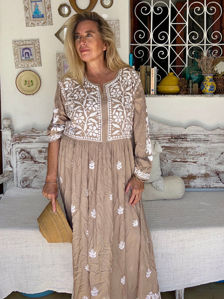 💗 Rani Dress – beige with Hand Embroidery -  AUROBELLE  IBIZA