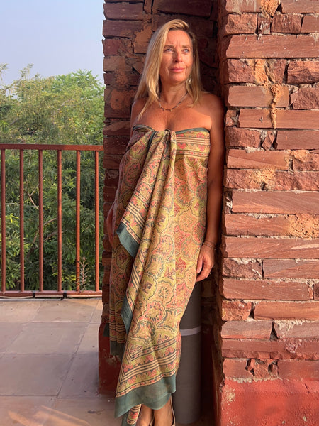 Sarong   , Pareo  , cotton shawl and beach Deluxe Block print collection,olive green jungle  🪷 -  AUROBELLE  IBIZA